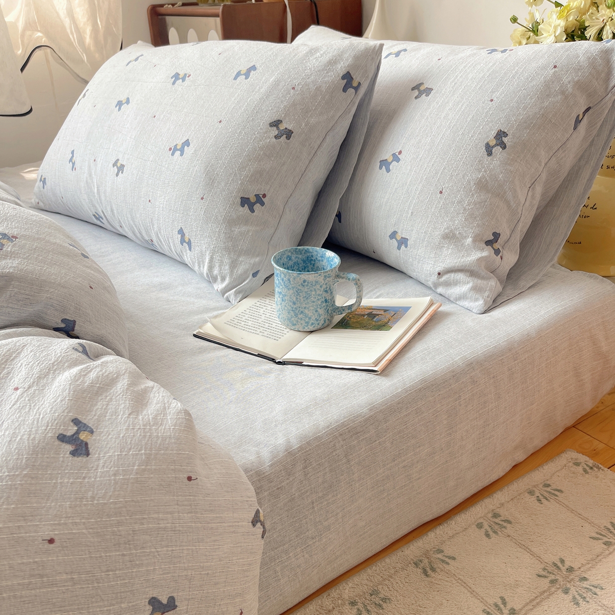 91家纺网 家纺一手货源 找家纺 凯洛奇 2026新款色织麻水洗提花四件套-提供买家秀 蓝笺驹影