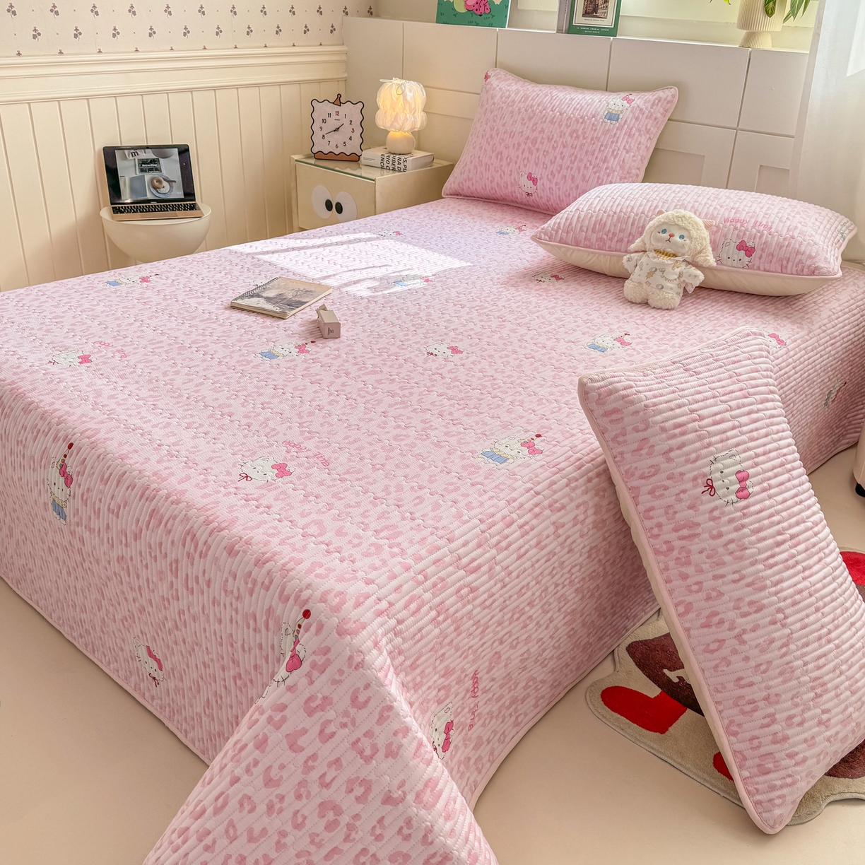 91家纺网 家纺一手货源 找家纺 康纳利 2026新款全棉床盖学生夹棉薄款床盖床垫三件套四季通用 KT粉