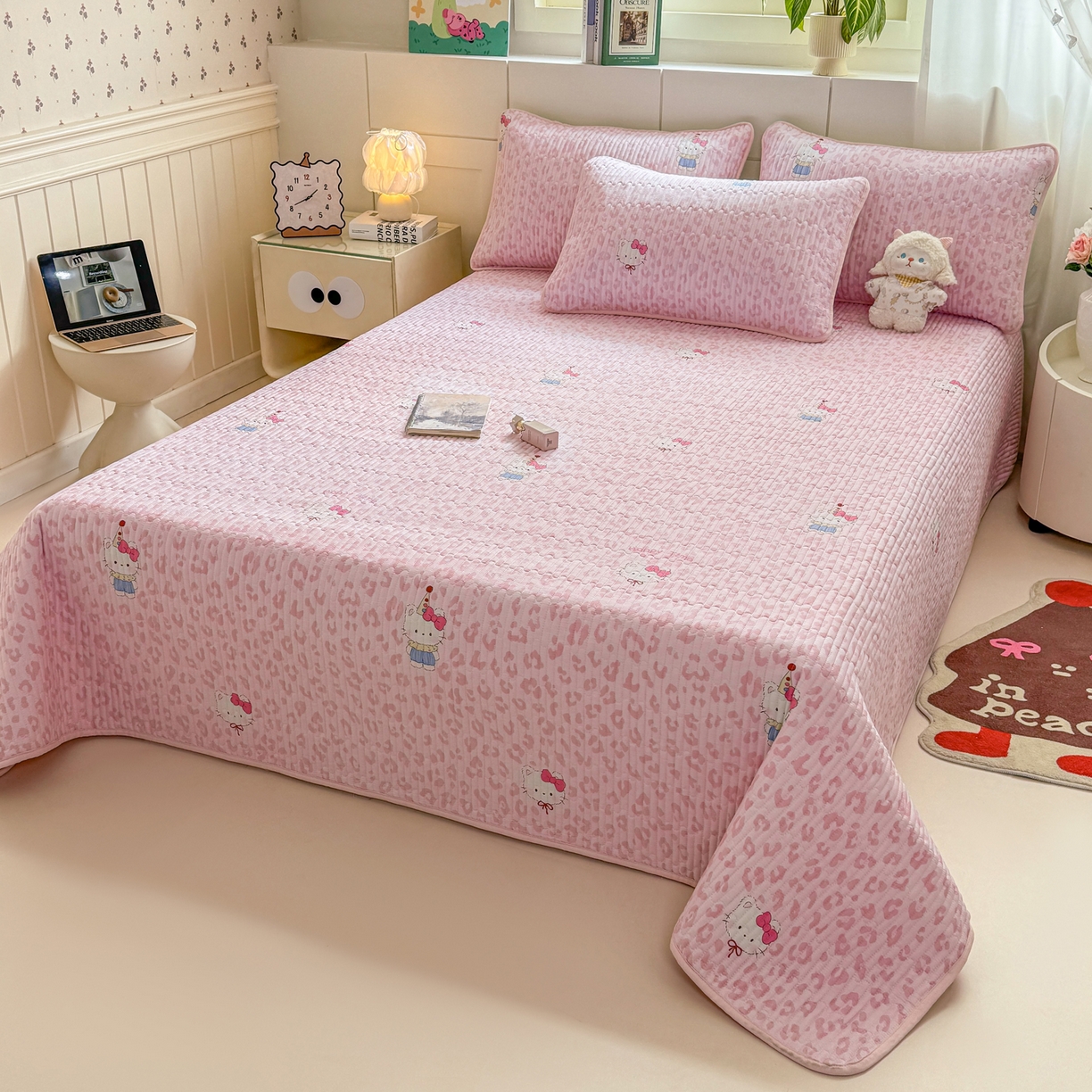 91家纺网 家纺一手货源 找家纺 康纳利 2026新款全棉床盖学生夹棉薄款床盖床垫三件套四季通用 KT粉