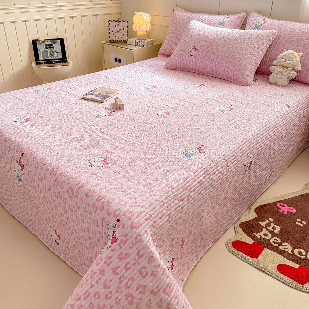 91家纺网 家纺一手货源 找家纺 康纳利 2026新款全棉床盖学生夹棉薄款床盖床垫三件套四季通用 KT粉