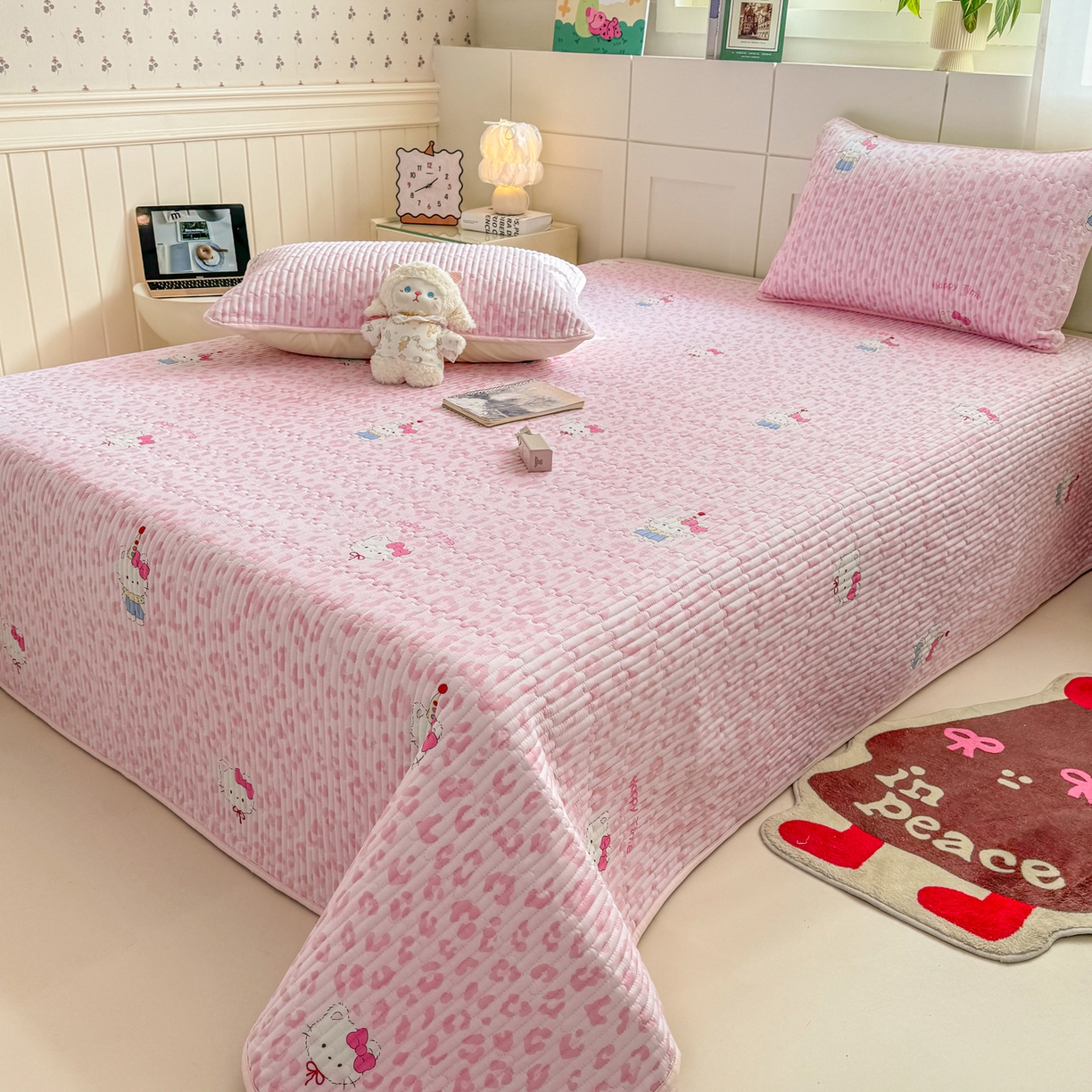 91家纺网 家纺一手货源 找家纺 康纳利 2026新款全棉床盖学生夹棉薄款床盖床垫三件套四季通用 KT粉