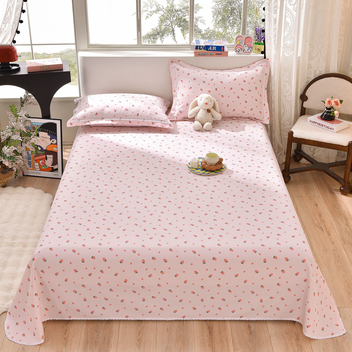 91家纺网 家纺一手货源 找家纺 德比尔斯  2026新款原棉老粗布凉席花边老粗布三件套 草莓-花边款