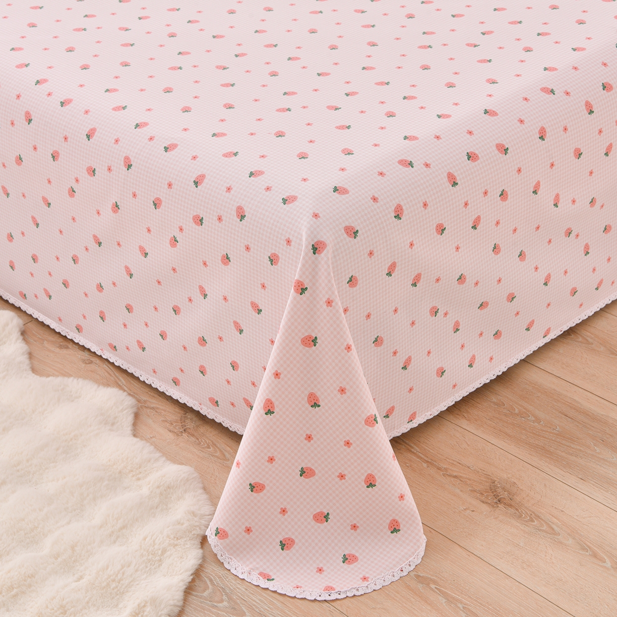 91家纺网 家纺一手货源 找家纺 德比尔斯  2026新款原棉老粗布凉席花边老粗布三件套 草莓-花边款