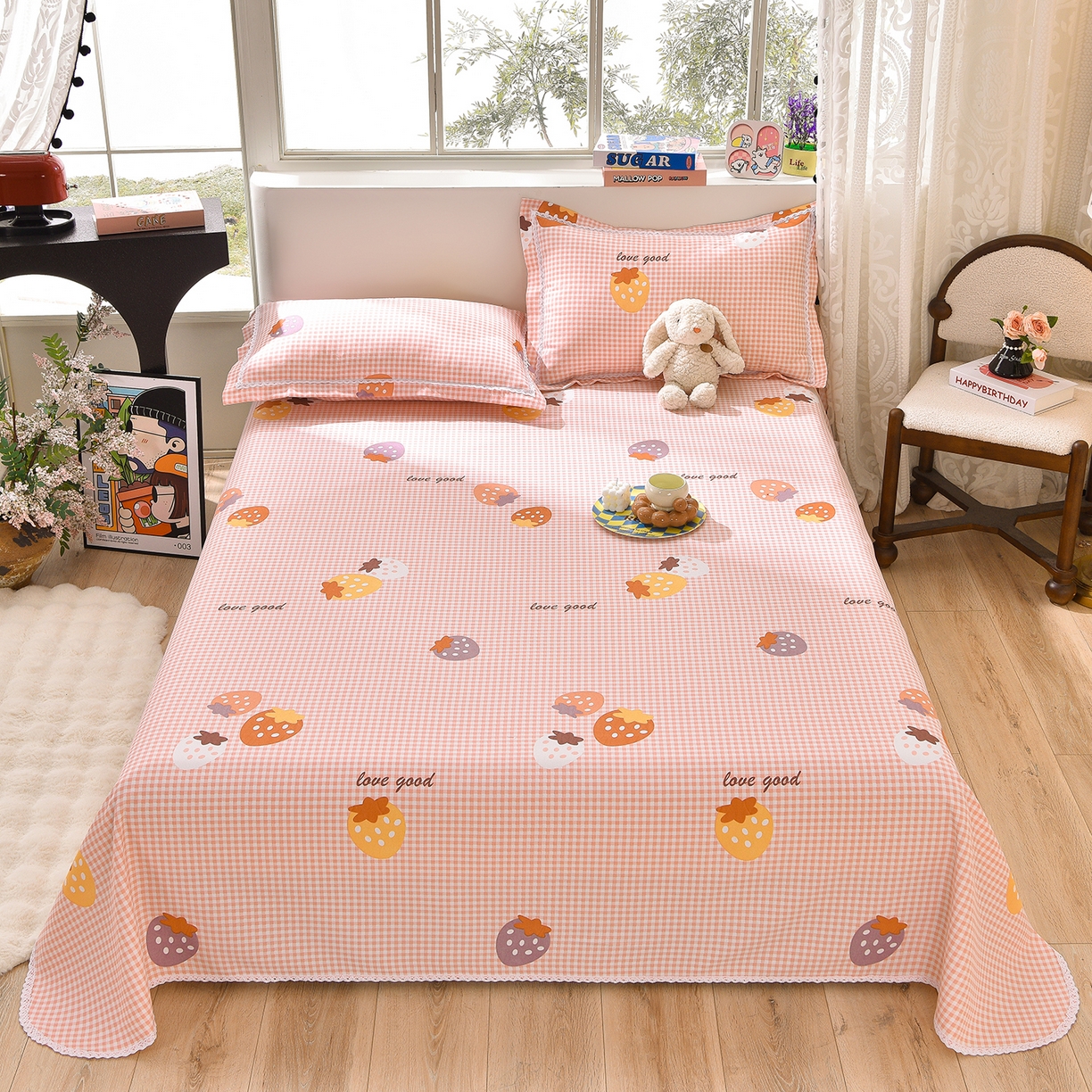 91家纺网 家纺一手货源 找家纺 德比尔斯  2026新款原棉老粗布凉席花边老粗布三件套 草莓甜心-花边款