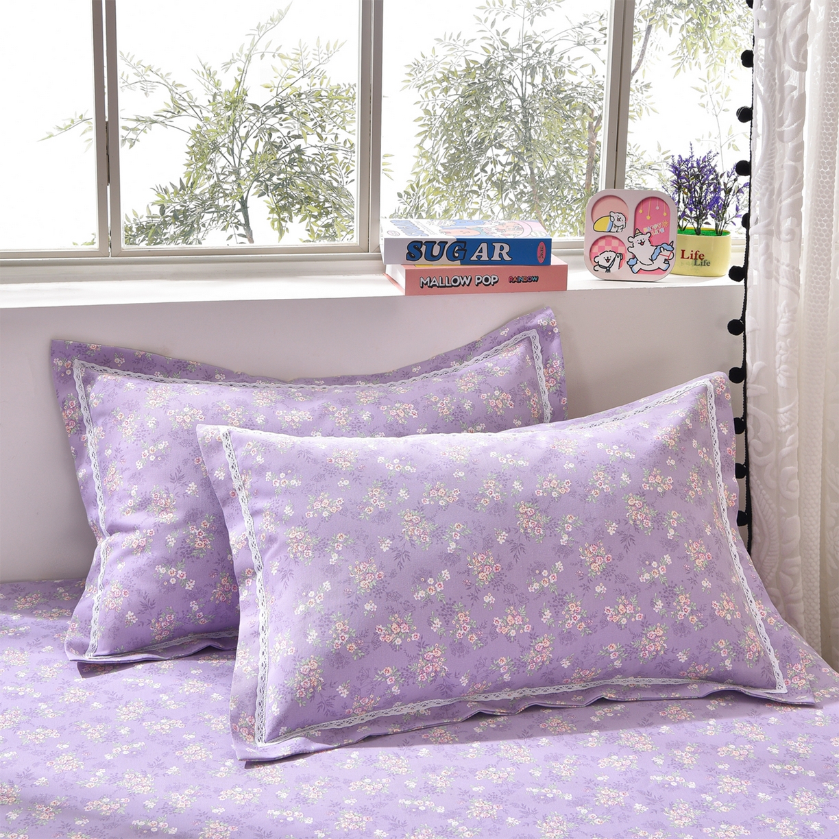 91家纺网 家纺一手货源 找家纺 德比尔斯  2026新款原棉老粗布凉席花边老粗布三件套 黛紫-花边款