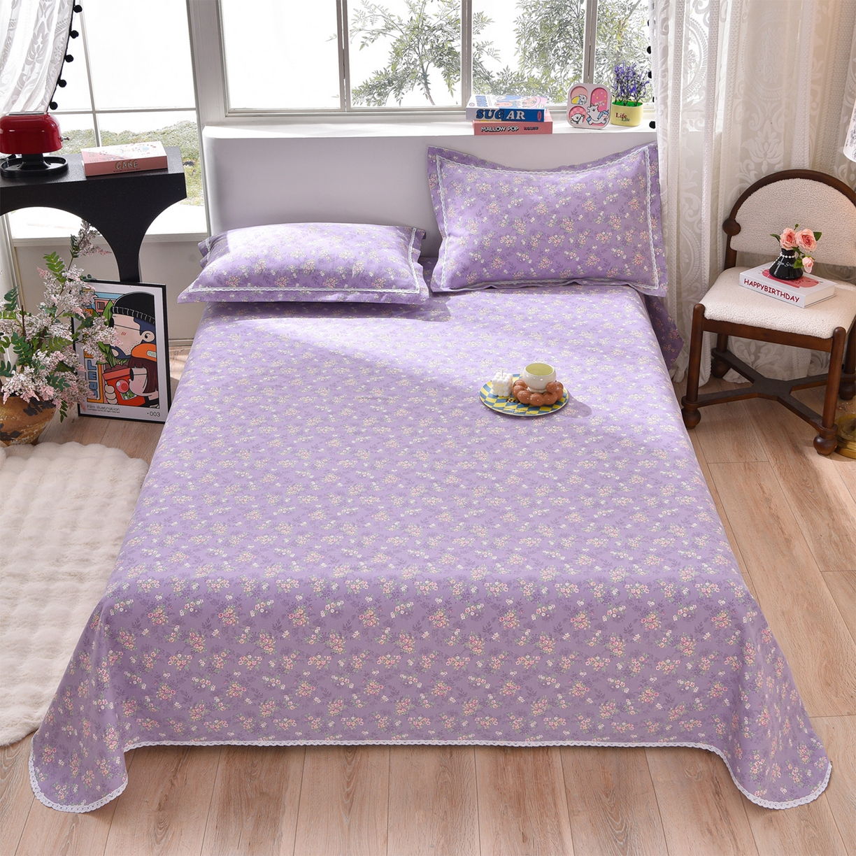 91家纺网 家纺一手货源 找家纺 德比尔斯  2026新款原棉老粗布凉席花边老粗布三件套 黛紫-花边款