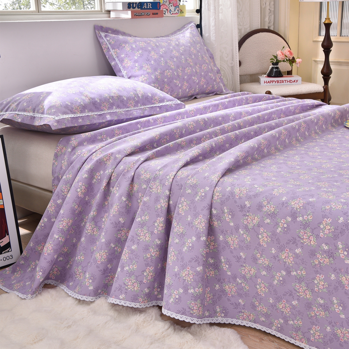 91家纺网 家纺一手货源 找家纺 德比尔斯  2026新款原棉老粗布凉席花边老粗布三件套 黛紫-花边款