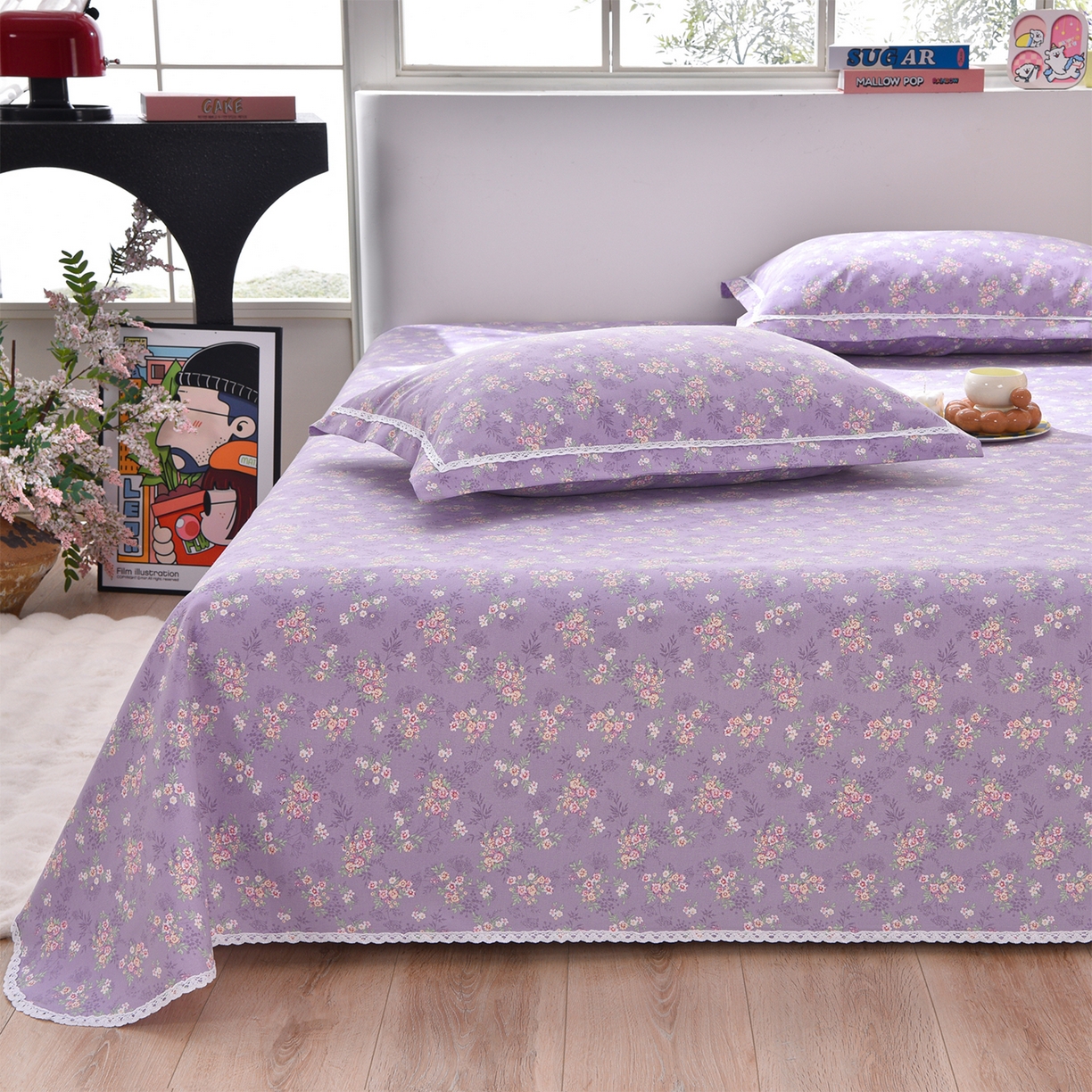 91家纺网 家纺一手货源 找家纺 德比尔斯  2026新款原棉老粗布凉席花边老粗布三件套 黛紫-花边款