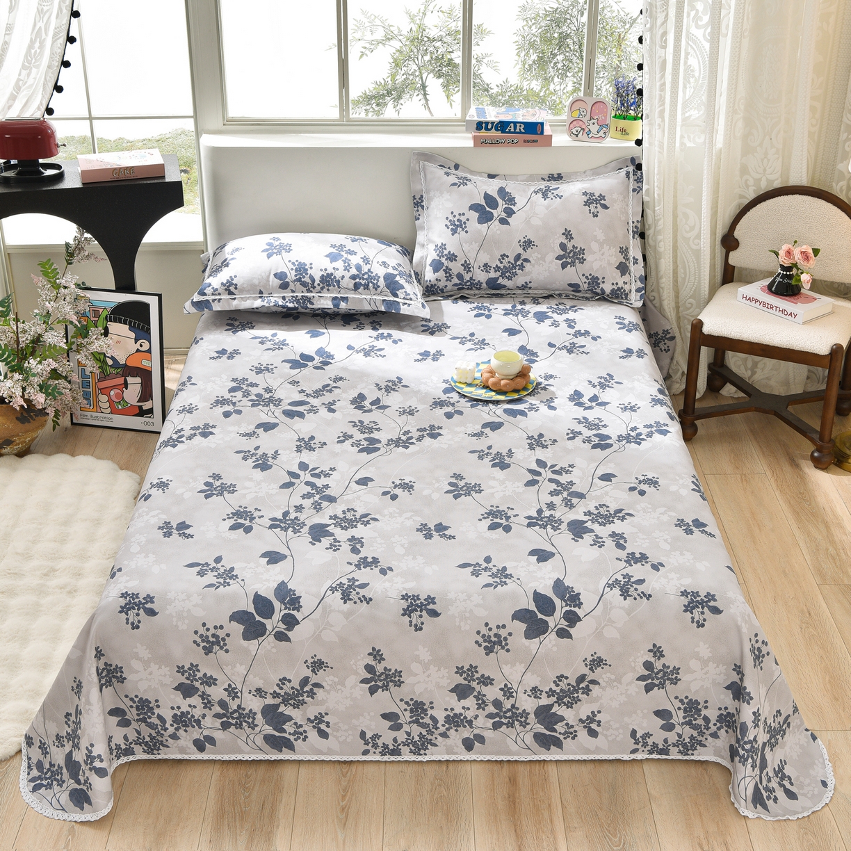 91家纺网 家纺一手货源 找家纺 德比尔斯  2026新款原棉老粗布凉席花边老粗布三件套 迭迭绿-花边款