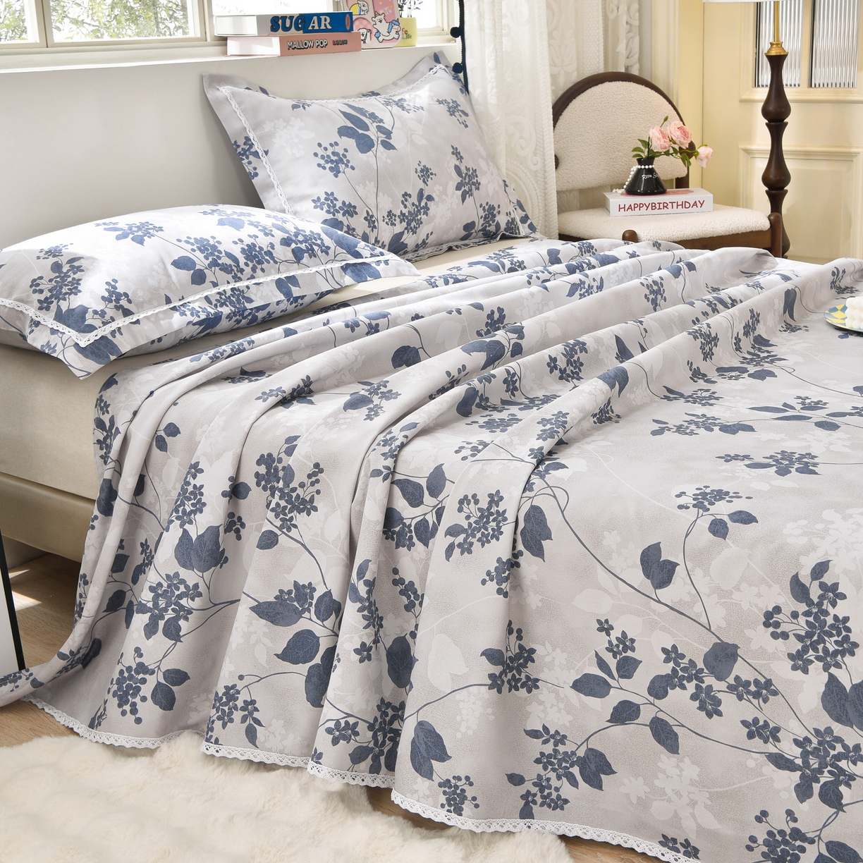 91家纺网 家纺一手货源 找家纺 德比尔斯  2026新款原棉老粗布凉席花边老粗布三件套 迭迭绿-花边款