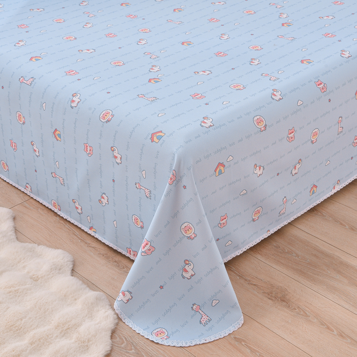 91家纺网 家纺一手货源 找家纺 德比尔斯  2026新款原棉老粗布凉席花边老粗布三件套 动物乐园-花边款