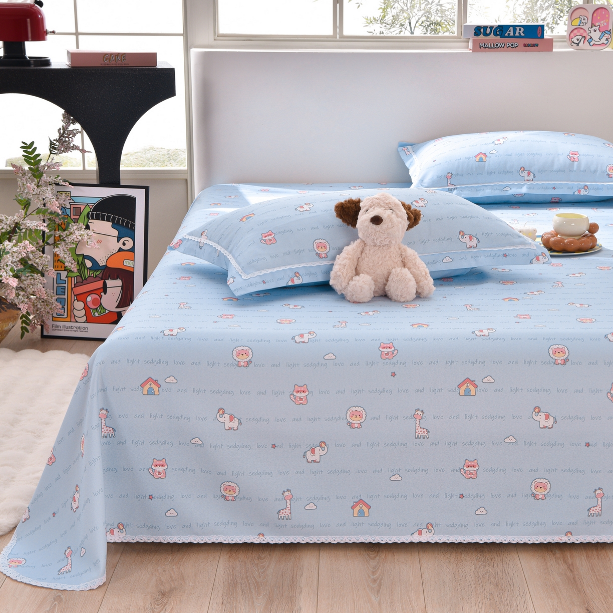 91家纺网 家纺一手货源 找家纺 德比尔斯  2026新款原棉老粗布凉席花边老粗布三件套 动物乐园-花边款