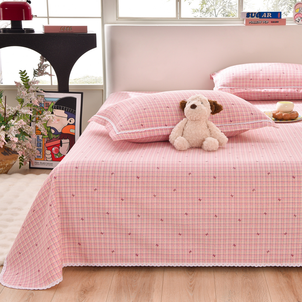 91家纺网 家纺一手货源 找家纺 德比尔斯  2026新款原棉老粗布凉席花边老粗布三件套 粉格子-花边款