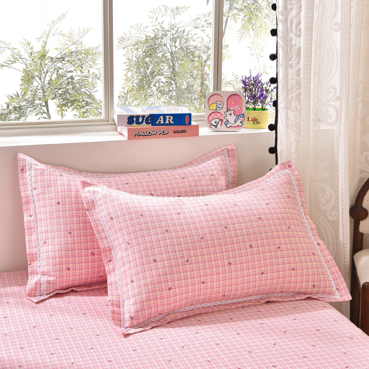 91家纺网 家纺一手货源 找家纺 德比尔斯  2026新款原棉老粗布凉席花边老粗布三件套 粉格子-花边款