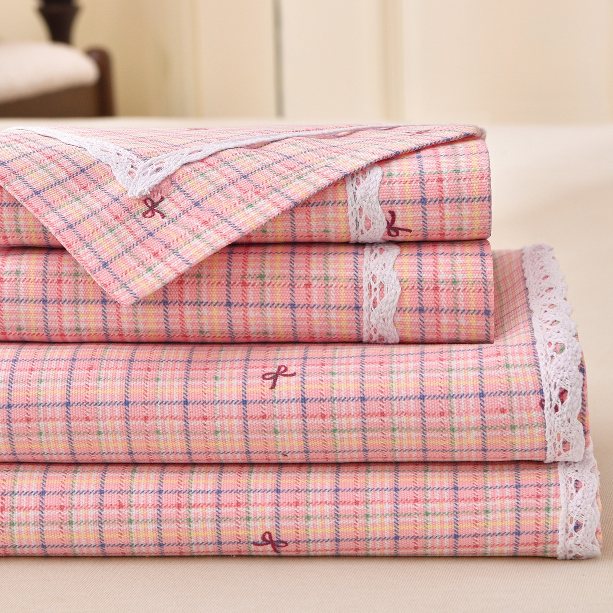 德比尔斯  2026新款原棉老粗布凉席花边老粗布三件套 粉格子-花边款