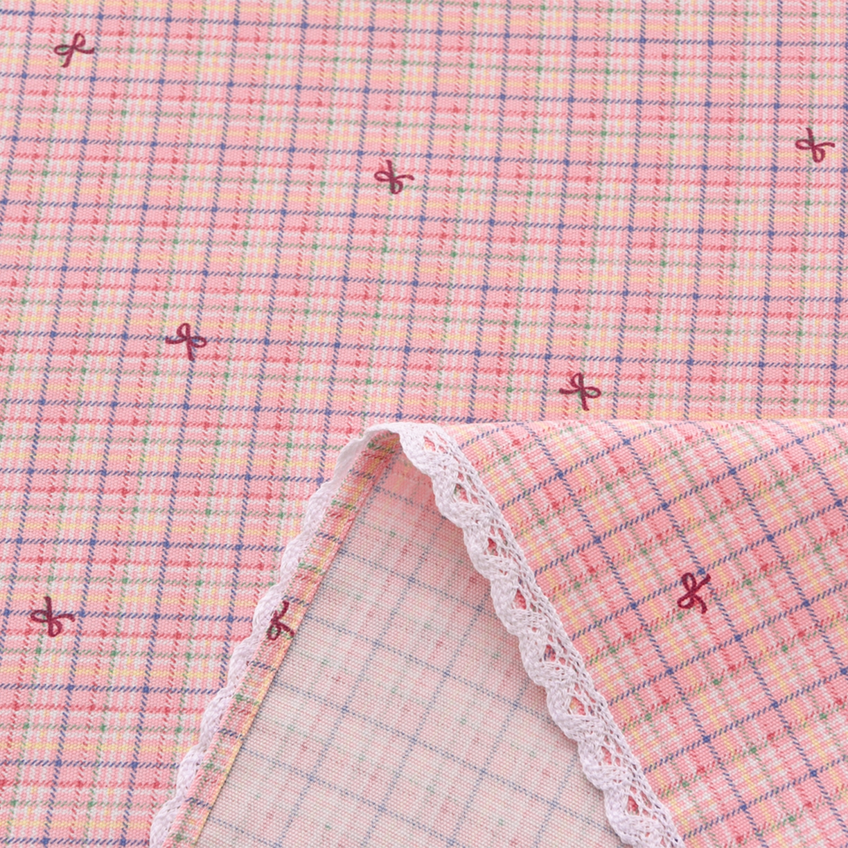 91家纺网 家纺一手货源 找家纺 德比尔斯  2026新款原棉老粗布凉席花边老粗布三件套 粉格子-花边款