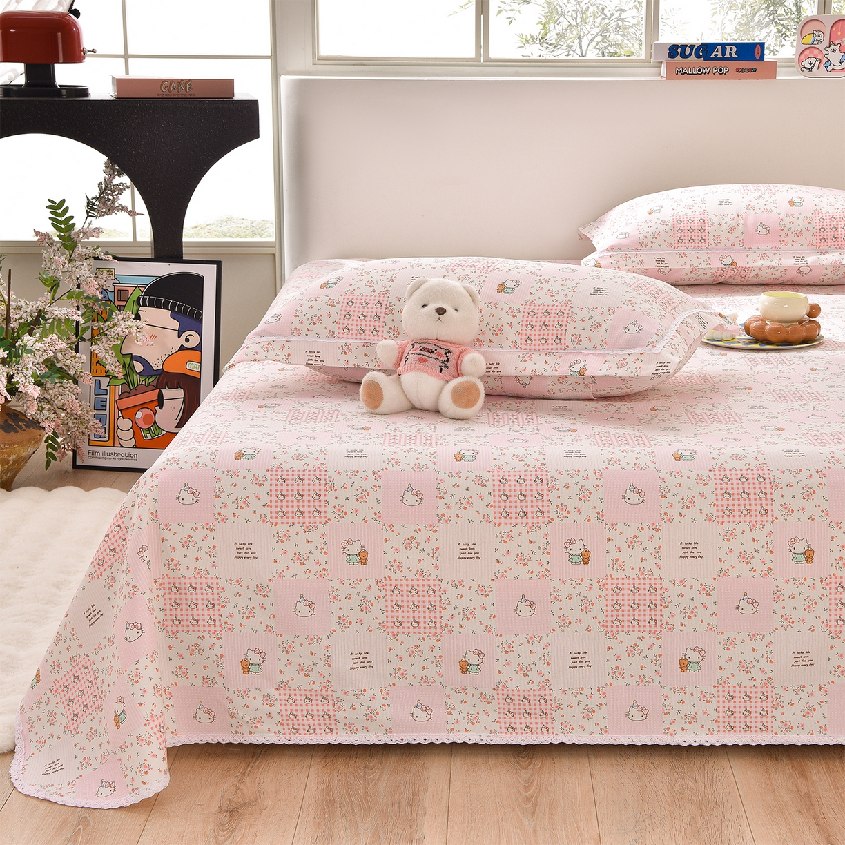 91家纺网 家纺一手货源 找家纺 德比尔斯  2026新款原棉老粗布凉席花边老粗布三件套 粉色猫-花边款