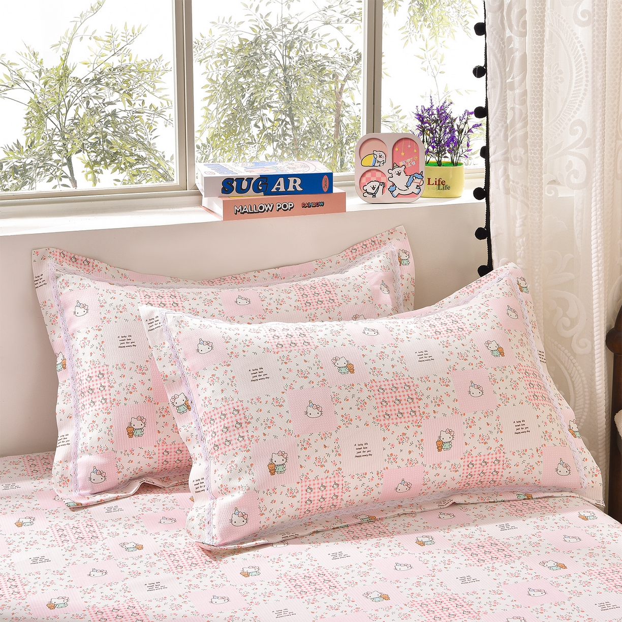 91家纺网 家纺一手货源 找家纺 德比尔斯  2026新款原棉老粗布凉席花边老粗布三件套 粉色猫-花边款