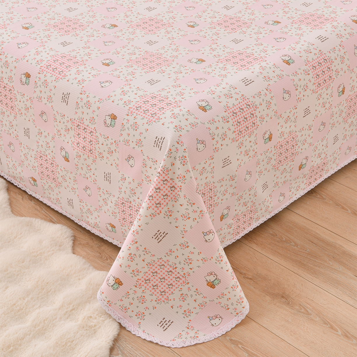 91家纺网 家纺一手货源 找家纺 德比尔斯  2026新款原棉老粗布凉席花边老粗布三件套 粉色猫-花边款