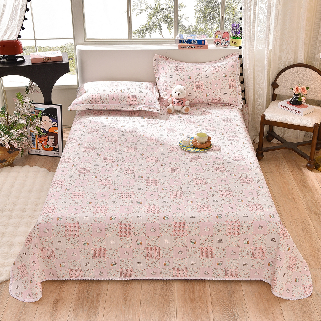 91家纺网 家纺一手货源 找家纺 德比尔斯  2026新款原棉老粗布凉席花边老粗布三件套 粉色猫-花边款