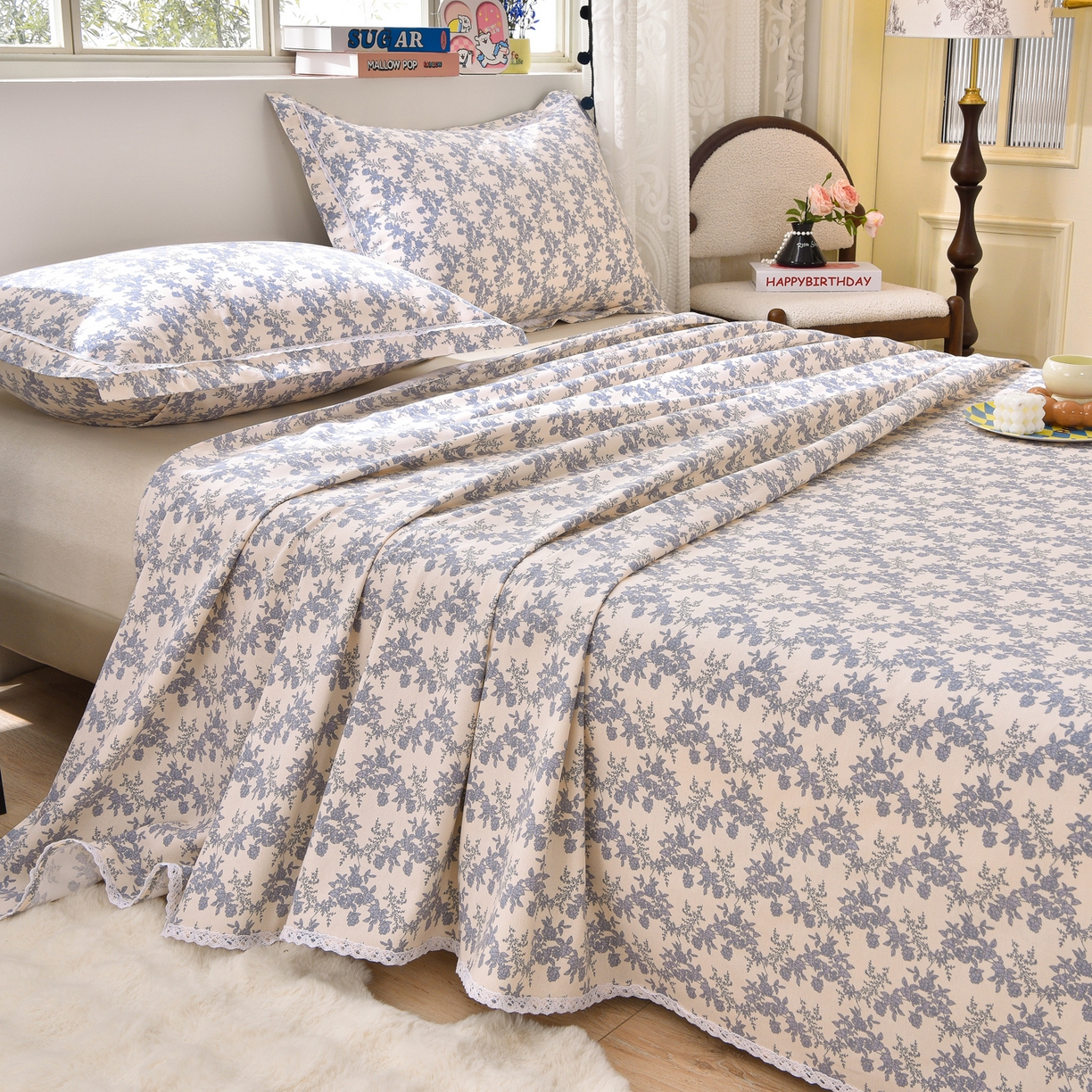 91家纺网 家纺一手货源 找家纺 德比尔斯  2026新款原棉老粗布凉席花边老粗布三件套 蓝莲花-花边款