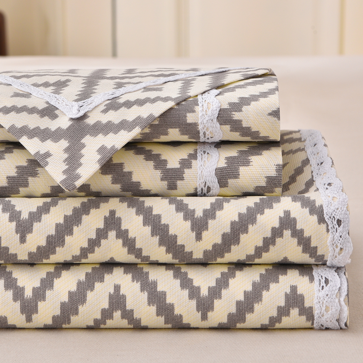 德比尔斯  2026新款原棉老粗布凉席花边老粗布三件套 菱格-花边款