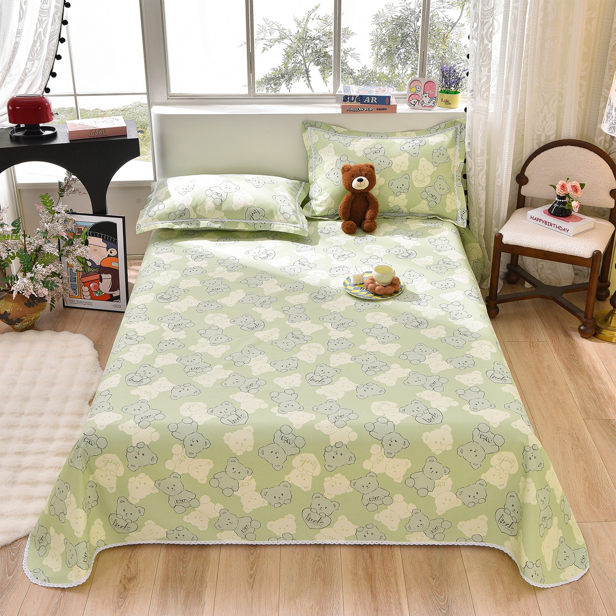 91家纺网 家纺一手货源 找家纺 德比尔斯  2026新款原棉老粗布凉席花边老粗布三件套 萌熊-花边款