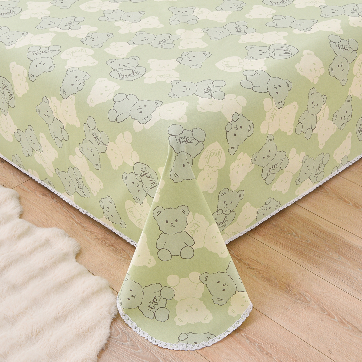 91家纺网 家纺一手货源 找家纺 德比尔斯  2026新款原棉老粗布凉席花边老粗布三件套 萌熊-花边款