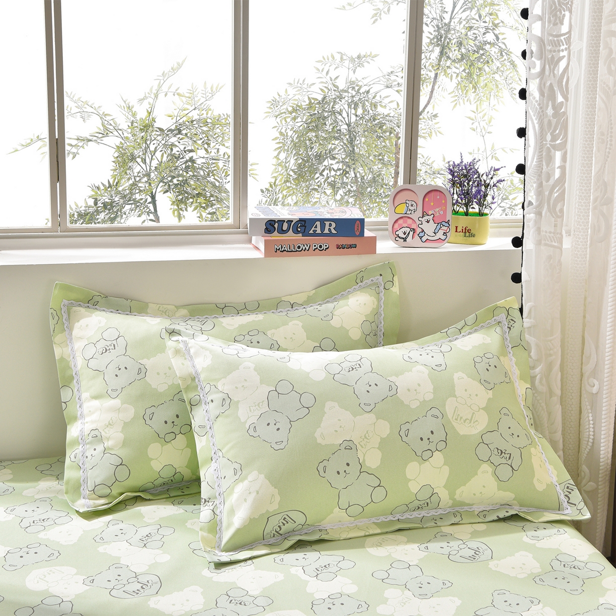 91家纺网 家纺一手货源 找家纺 德比尔斯  2026新款原棉老粗布凉席花边老粗布三件套 萌熊-花边款