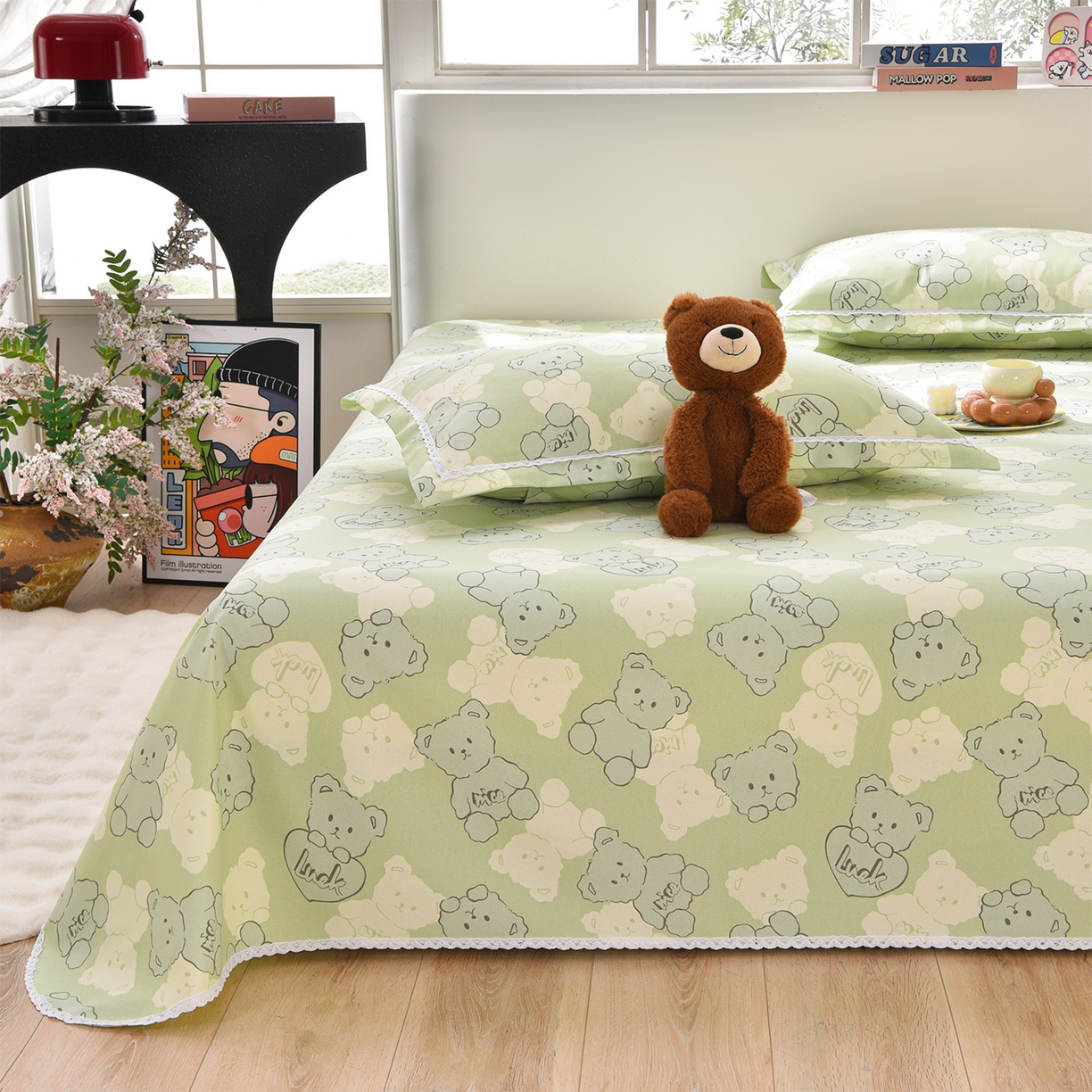 91家纺网 家纺一手货源 找家纺 德比尔斯  2026新款原棉老粗布凉席花边老粗布三件套 萌熊-花边款