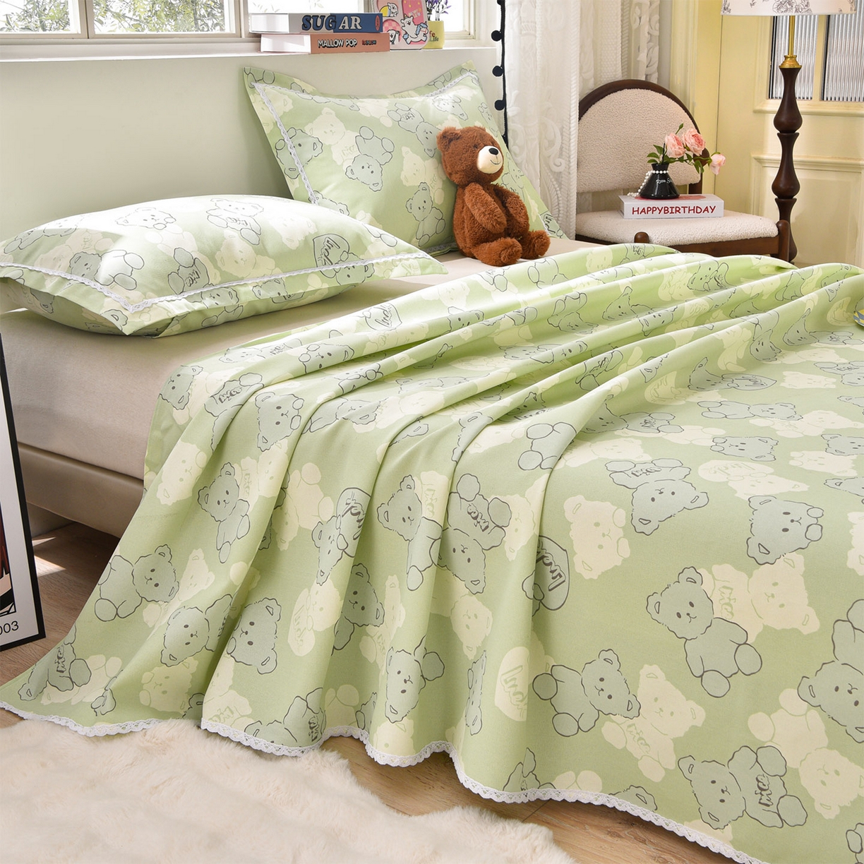 91家纺网 家纺一手货源 找家纺 德比尔斯  2026新款原棉老粗布凉席花边老粗布三件套 萌熊-花边款