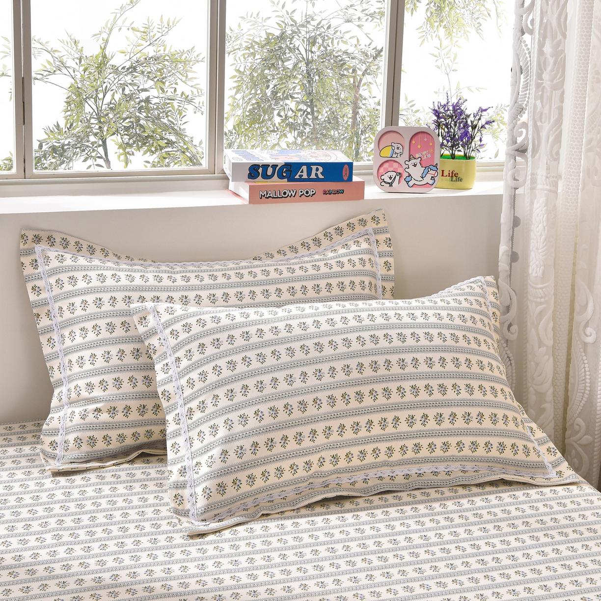 91家纺网 家纺一手货源 找家纺 德比尔斯  2026新款原棉老粗布凉席花边老粗布三件套 慕夏-花边款