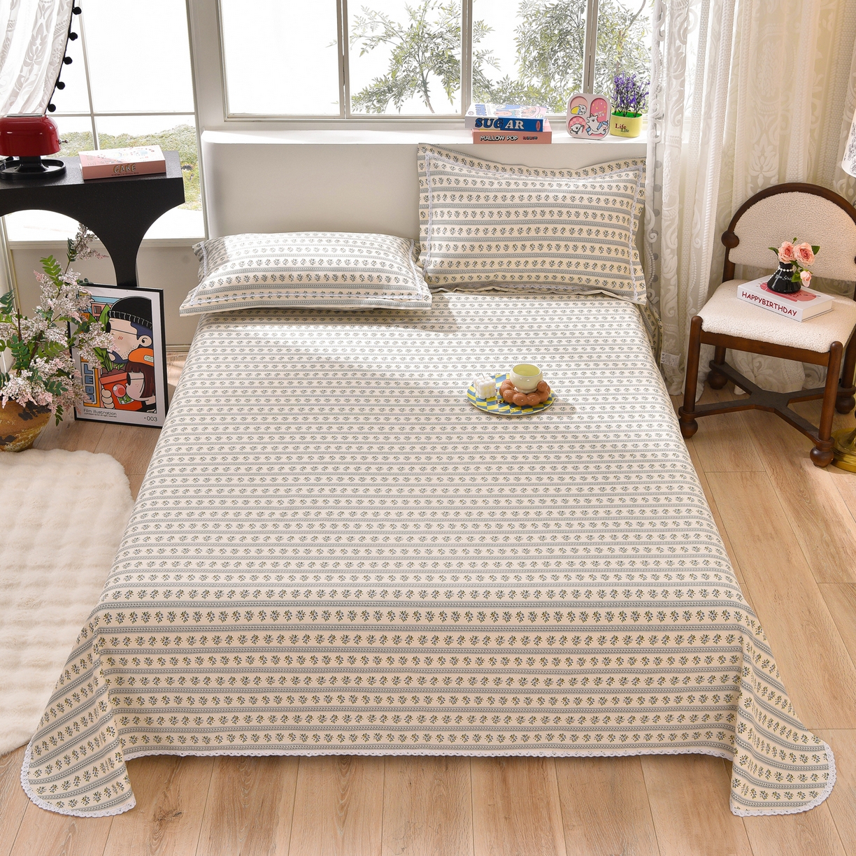 91家纺网 家纺一手货源 找家纺 德比尔斯  2026新款原棉老粗布凉席花边老粗布三件套 慕夏-花边款