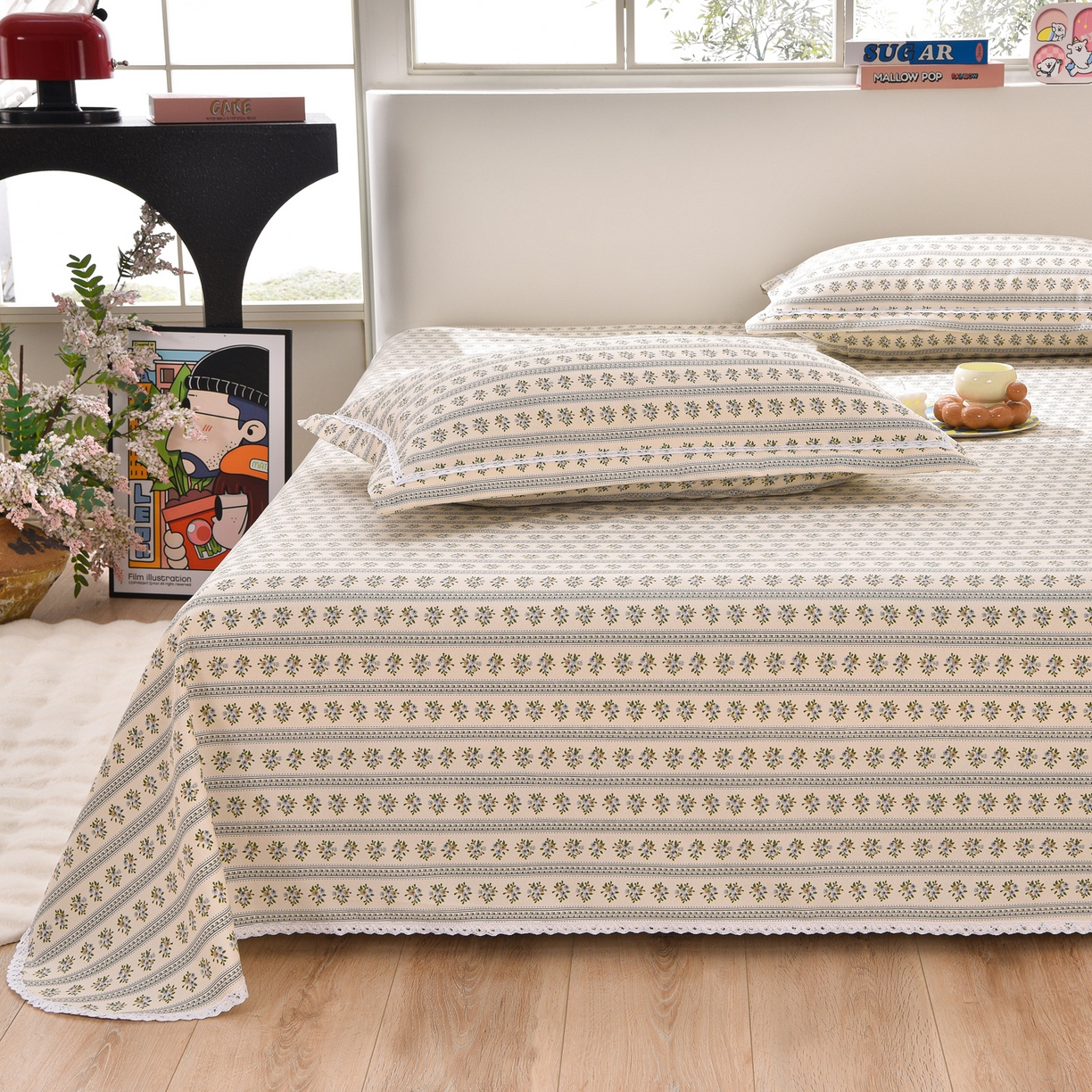 91家纺网 家纺一手货源 找家纺 德比尔斯  2026新款原棉老粗布凉席花边老粗布三件套 慕夏-花边款