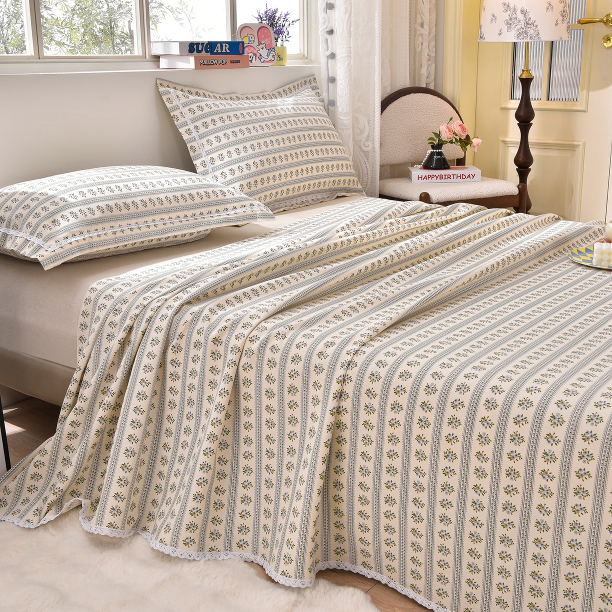 91家纺网 家纺一手货源 找家纺 德比尔斯  2026新款原棉老粗布凉席花边老粗布三件套 慕夏-花边款