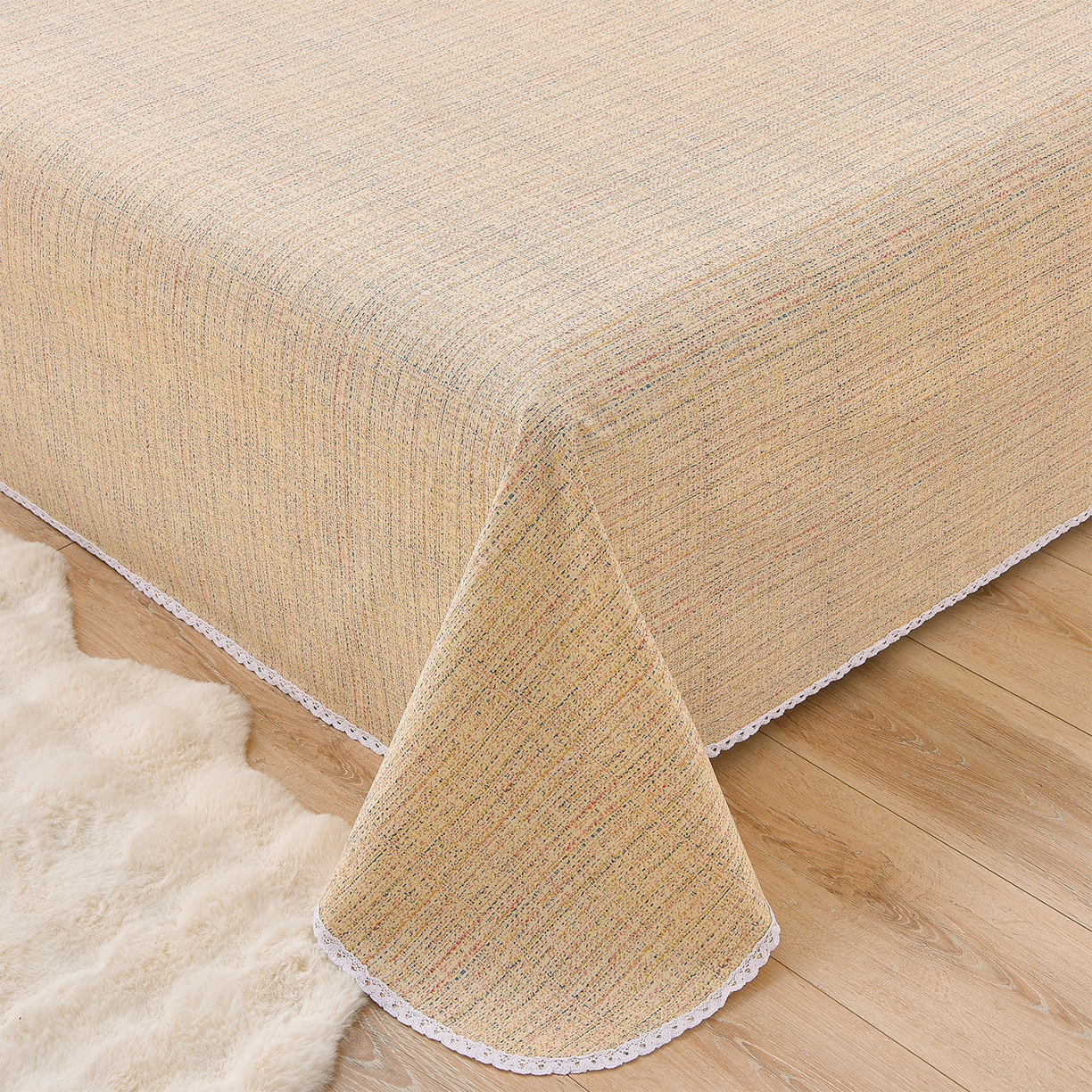 91家纺网 家纺一手货源 找家纺 德比尔斯  2026新款原棉老粗布凉席花边老粗布三件套 如意棕-花边款