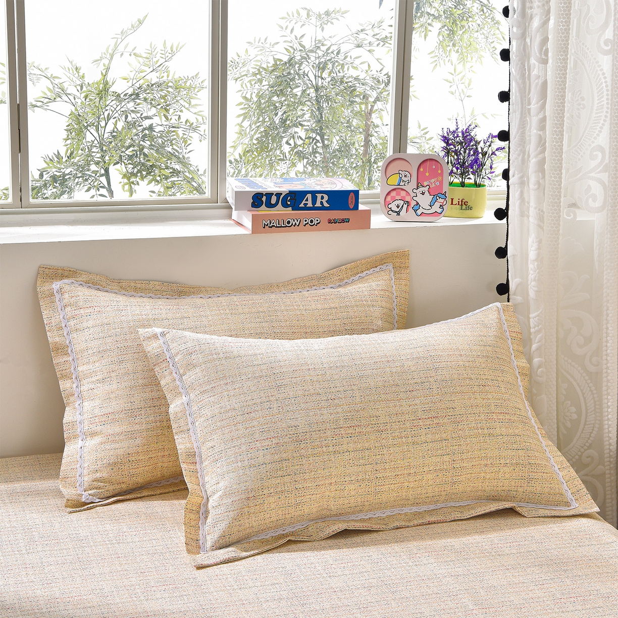 91家纺网 家纺一手货源 找家纺 德比尔斯  2026新款原棉老粗布凉席花边老粗布三件套 如意棕-花边款