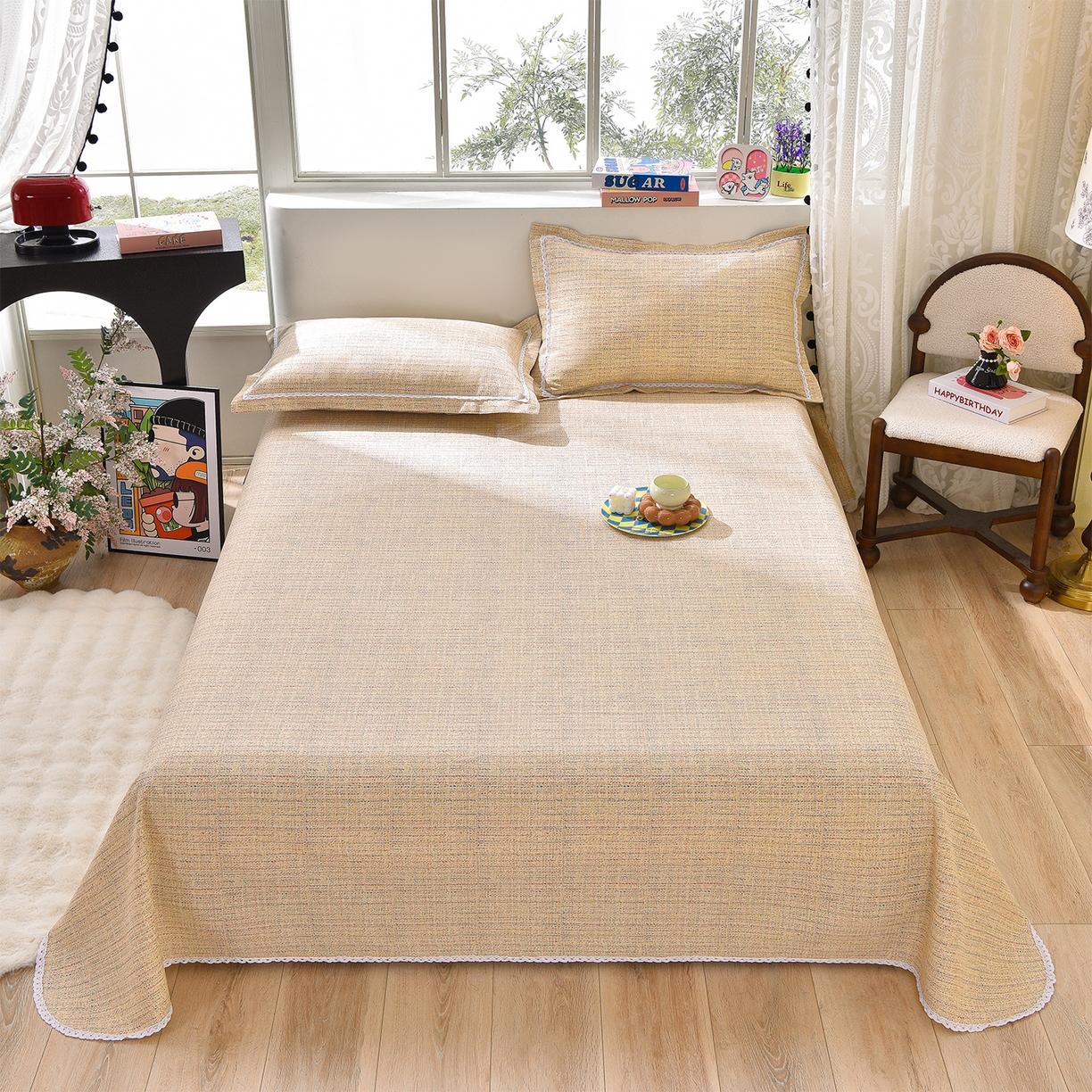 91家纺网 家纺一手货源 找家纺 德比尔斯  2026新款原棉老粗布凉席花边老粗布三件套 如意棕-花边款