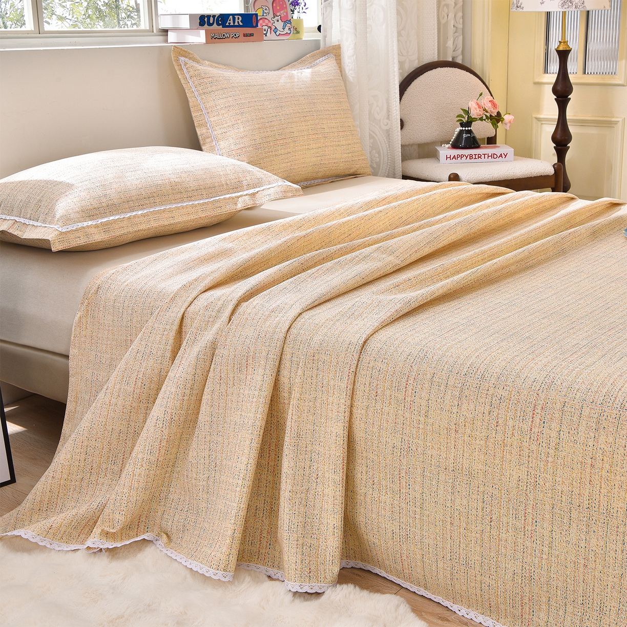 91家纺网 家纺一手货源 找家纺 德比尔斯  2026新款原棉老粗布凉席花边老粗布三件套 如意棕-花边款