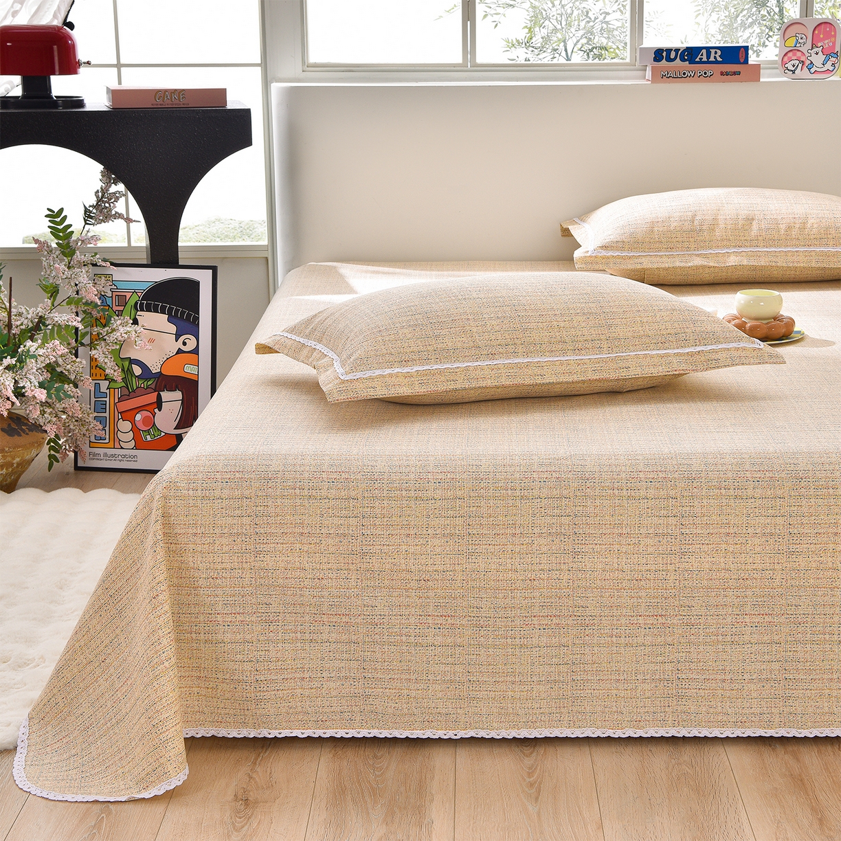 91家纺网 家纺一手货源 找家纺 德比尔斯  2026新款原棉老粗布凉席花边老粗布三件套 如意棕-花边款