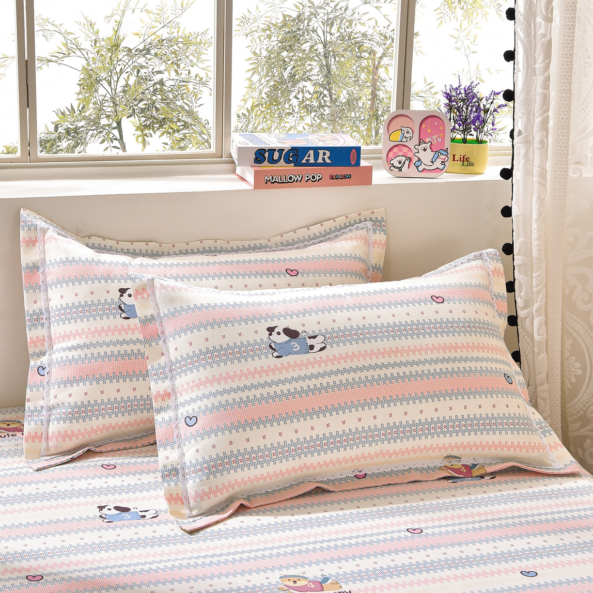 91家纺网 家纺一手货源 找家纺 德比尔斯  2026新款原棉老粗布凉席花边老粗布三件套 童年游戏-花边款