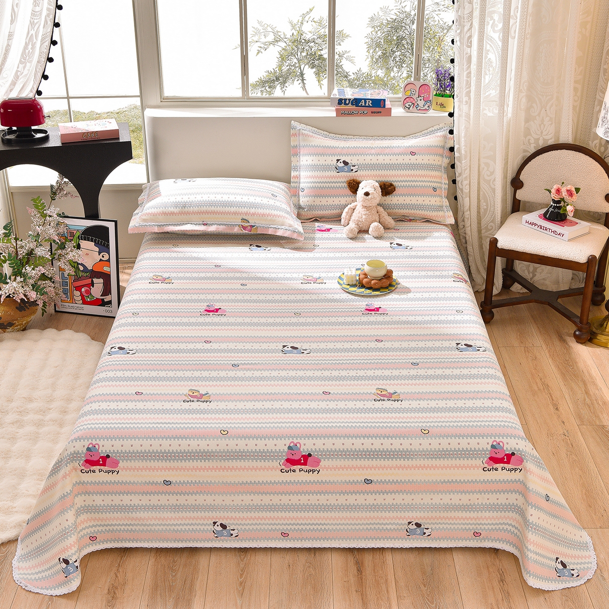 91家纺网 家纺一手货源 找家纺 德比尔斯  2026新款原棉老粗布凉席花边老粗布三件套 童年游戏-花边款