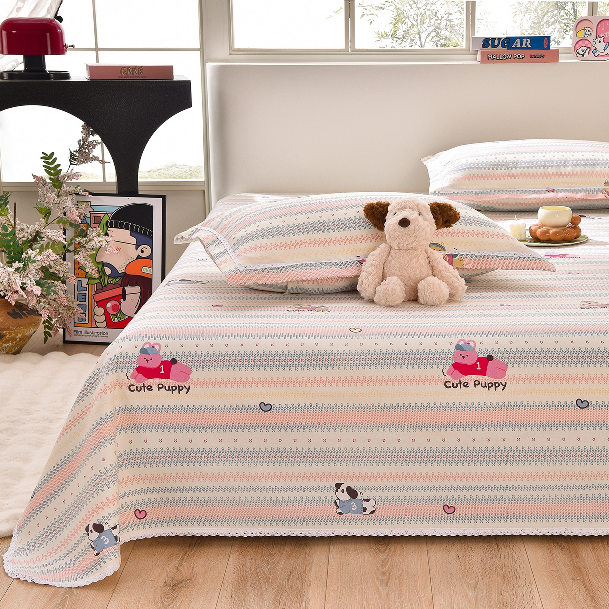 91家纺网 家纺一手货源 找家纺 德比尔斯  2026新款原棉老粗布凉席花边老粗布三件套 童年游戏-花边款