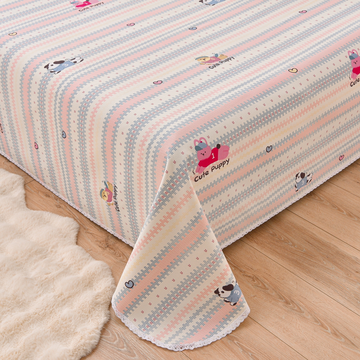 91家纺网 家纺一手货源 找家纺 德比尔斯  2026新款原棉老粗布凉席花边老粗布三件套 童年游戏-花边款