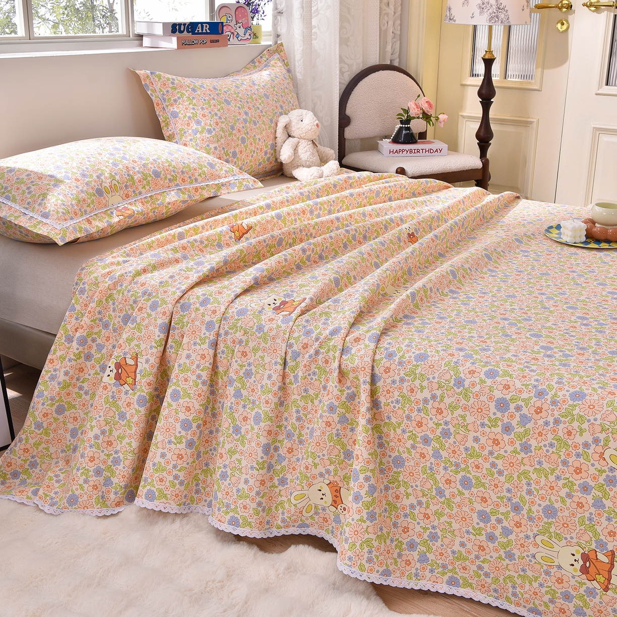 91家纺网 家纺一手货源 找家纺 德比尔斯  2026新款原棉老粗布凉席花边老粗布三件套 西野暮色-花边款