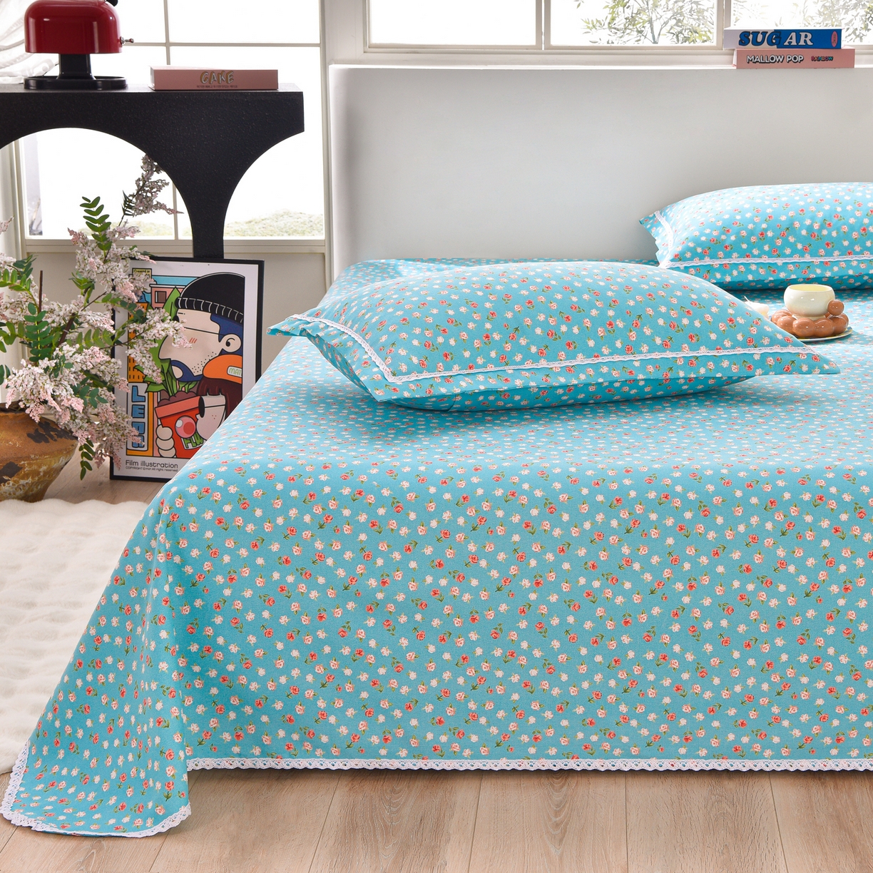 91家纺网 家纺一手货源 找家纺 德比尔斯  2026新款原棉老粗布凉席花边老粗布三件套 相遇-蓝-花边款