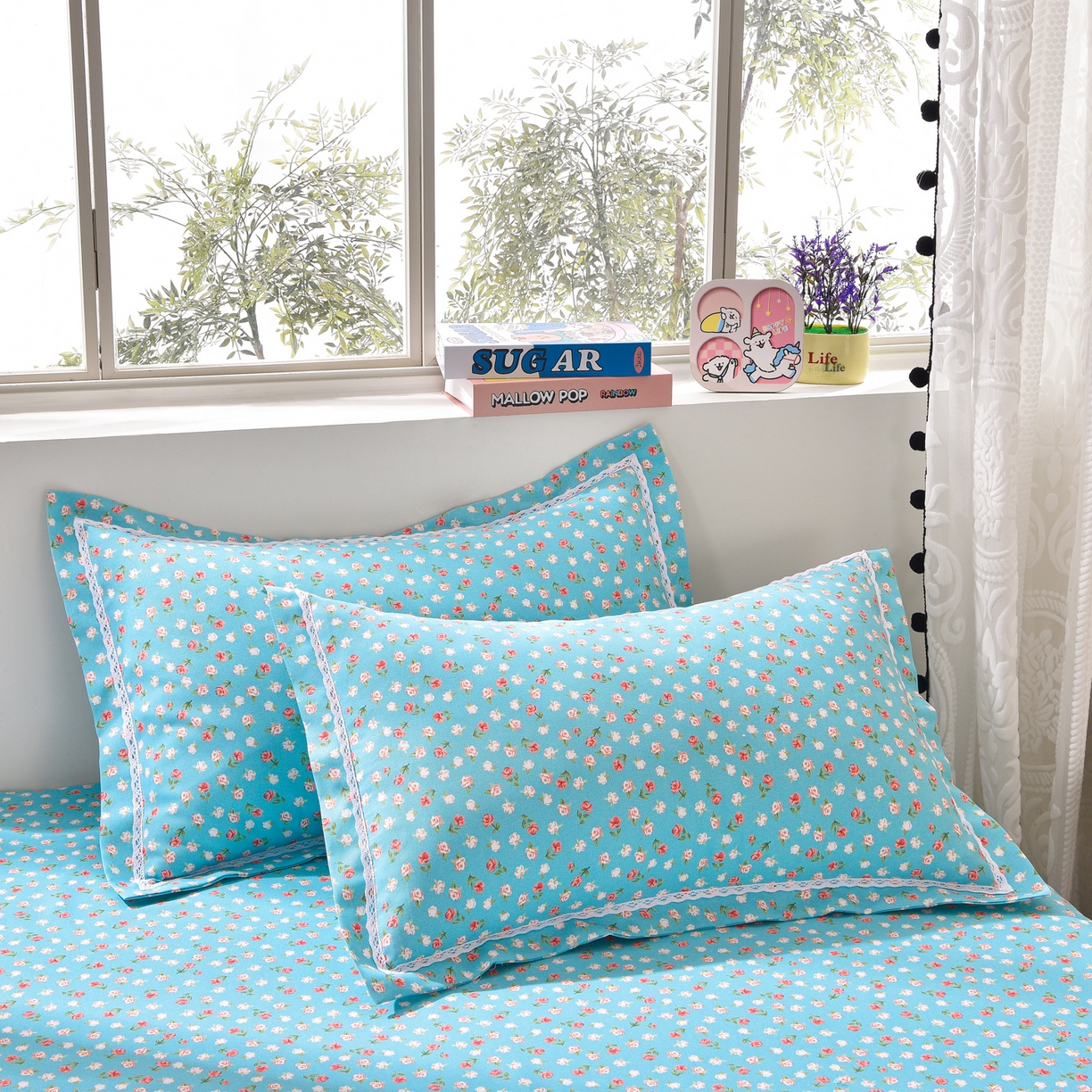 91家纺网 家纺一手货源 找家纺 德比尔斯  2026新款原棉老粗布凉席花边老粗布三件套 相遇-蓝-花边款