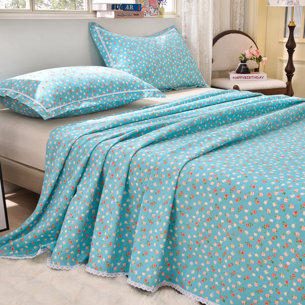 91家纺网 家纺一手货源 找家纺 德比尔斯  2026新款原棉老粗布凉席花边老粗布三件套 相遇-蓝-花边款