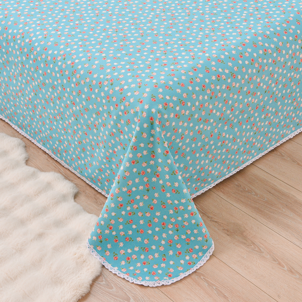 91家纺网 家纺一手货源 找家纺 德比尔斯  2026新款原棉老粗布凉席花边老粗布三件套 相遇-蓝-花边款