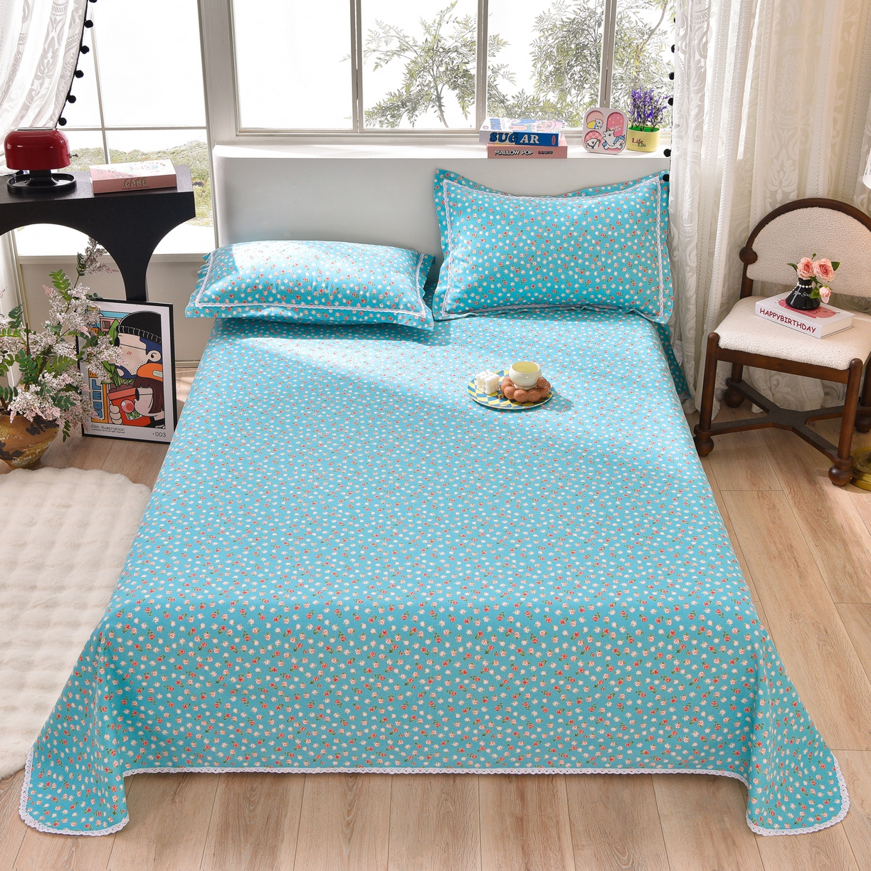 91家纺网 家纺一手货源 找家纺 德比尔斯  2026新款原棉老粗布凉席花边老粗布三件套 相遇-蓝-花边款